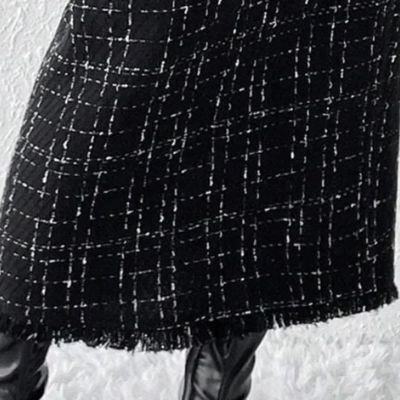 Classic Tweed Button Crop Jacket Midi Frayed Hem Skirt Set - Picture 9 of 10